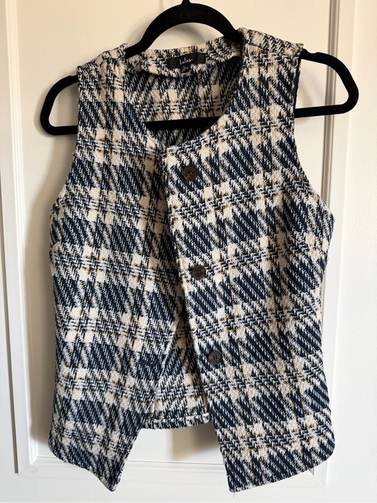 Lulus Tops - Lulus Harlow Navy Plaid Tweed Asymmetrical Vest